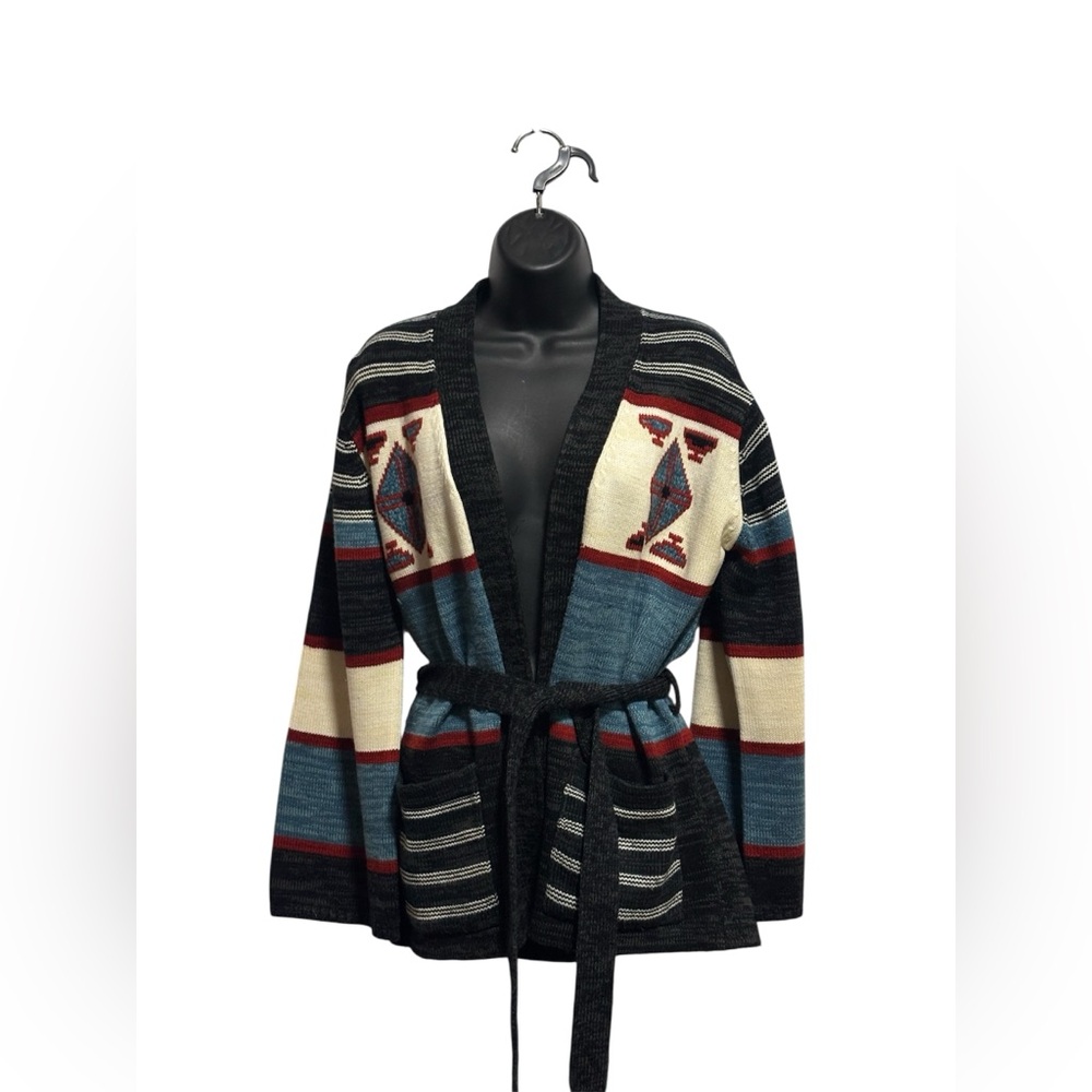 Vintage Stylish Multicolor Women's Belted Cardigan Sweater
